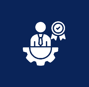 White icon of a professional person with a tie and a certification badge, set against a dark blue background.