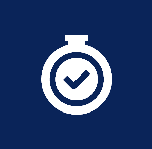 White stopwatch icon with a checkmark inside on a dark blue background