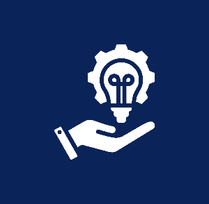 A white hand holding a gear with a lightbulb inside, symbolizing innovation and ideas on a dark blue background.