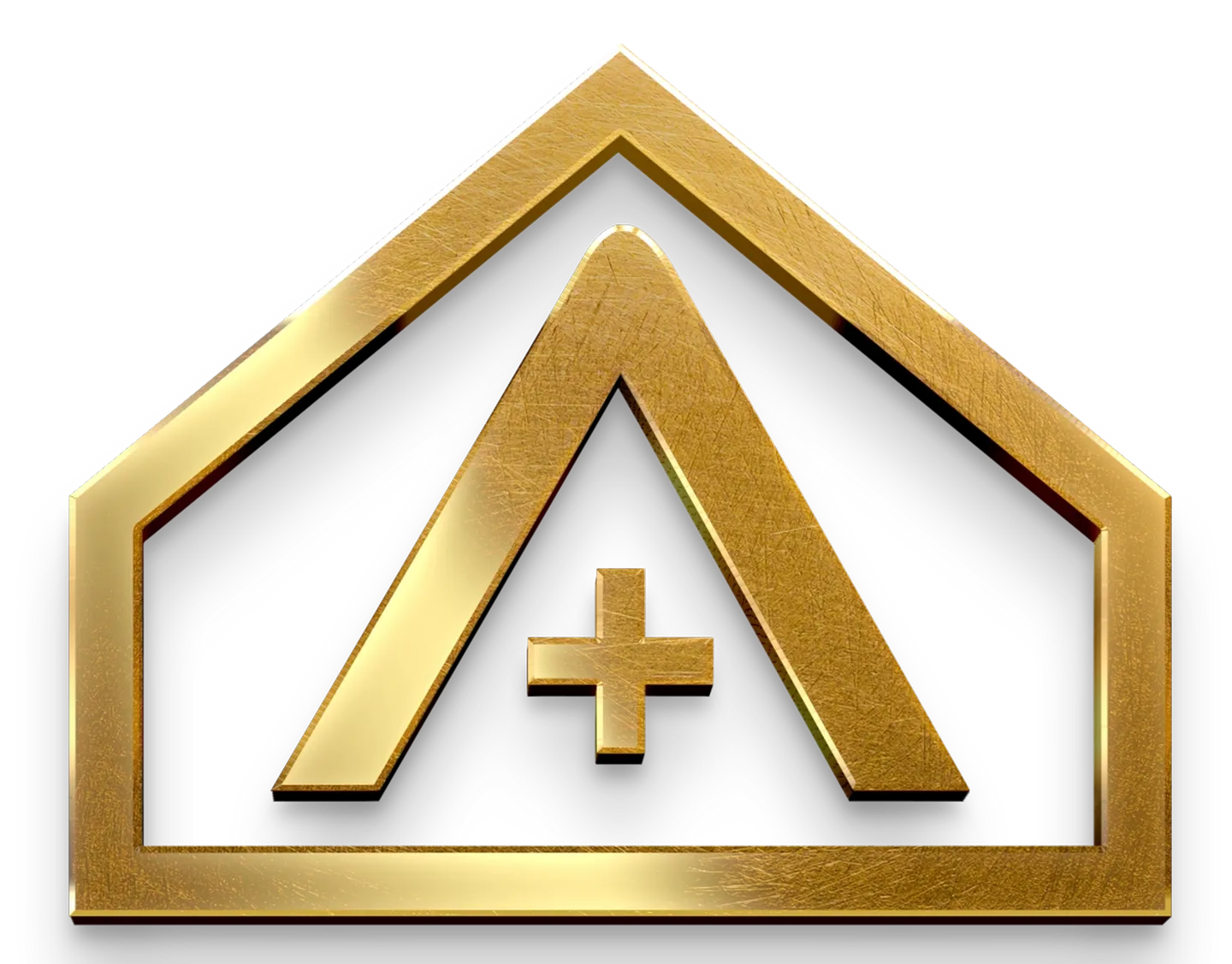 A gold and black emblem featuring a house-like shape with a plus sign inside on a transparent background.