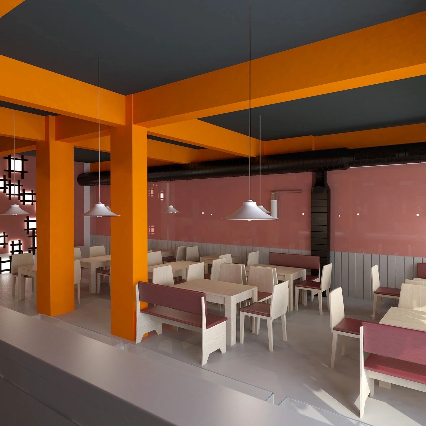 fm=f_83566 Modern restaurant interior with orange beams, beige chairs, and tables arranged neatly under pendant lights.